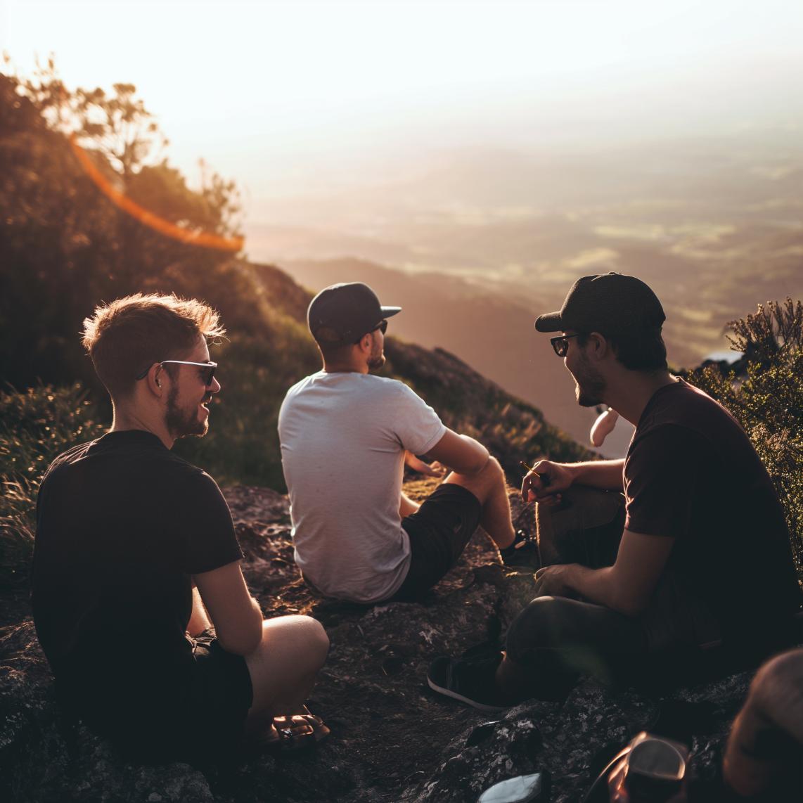 group men sit hill overlooking mountain 1
